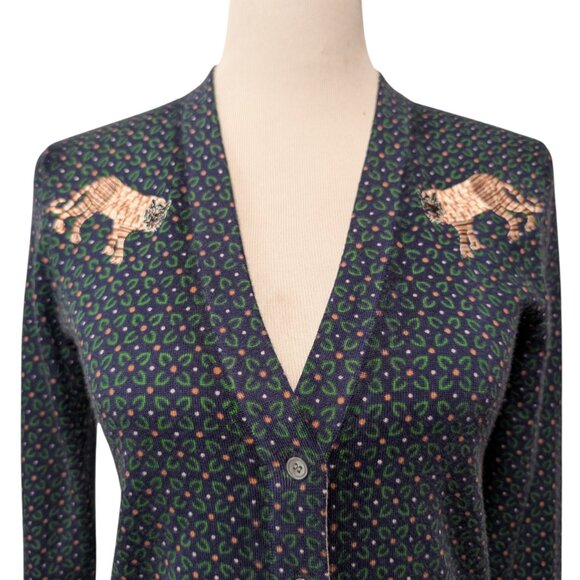 J Crew Women Sz S Blue Green Tiger Embroidered 100% Merino Wool Cardigan Sweater - Picture 4 of 10